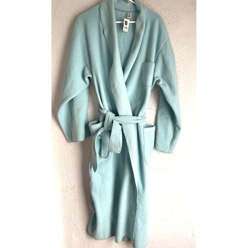Gap Body Bath Robe Fleece sz M women's Cozy long Soft Warm Large pocket Blue NWT